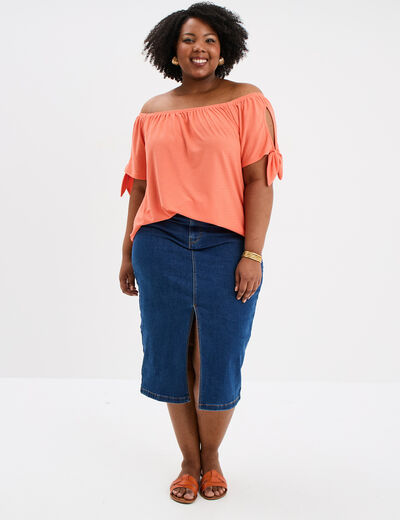 T-shirt manches ouvertes avec noeuds rose corail femme grande taille