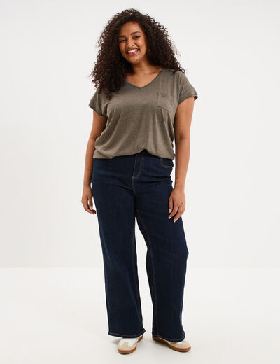 T-shirt effet chin&eacute; col en V avec poche vert kaki femme grande taille