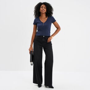 t shirt court effet cotele col en v bleu marine femme T-shirt court effet côtelé col en V bleu marine femme
