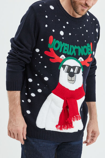Pull de Noël détails fausse fourrure bleu marine homme