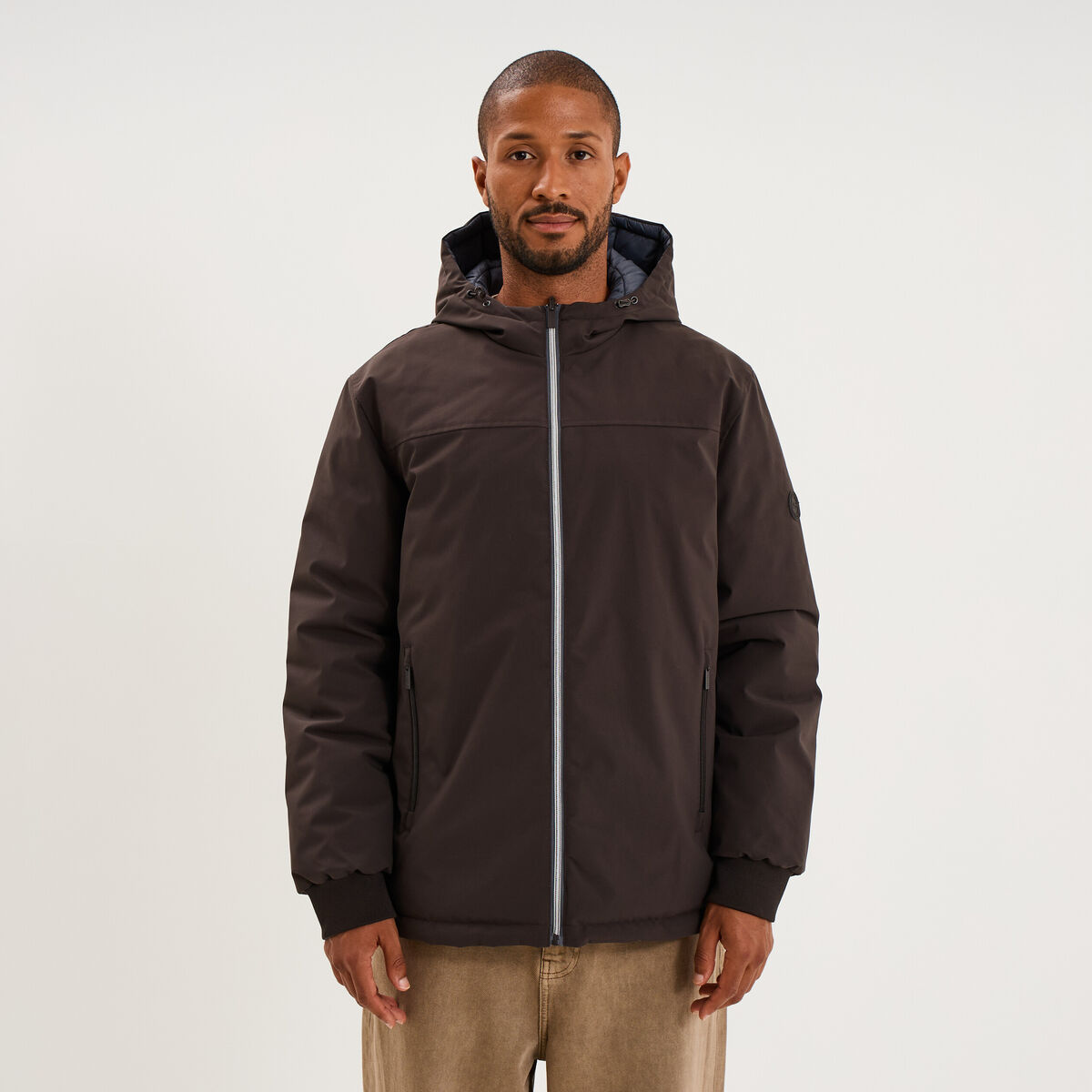 Blouson r&eacute;versible &agrave; capuche zipp&eacute; marron fonc&eacute; homme