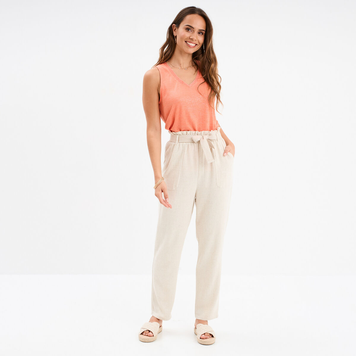 Pantalon paperbag &eacute;lastiqu&eacute; m&eacute;lange lin beige femme