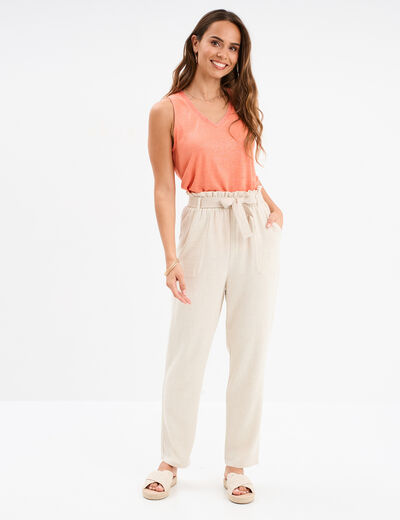 Pantalon paperbag &eacute;lastiqu&eacute; m&eacute;lange lin beige femme