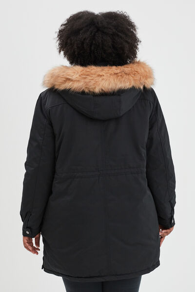 Parka à capuche bordure fourrure noir femme grande taille