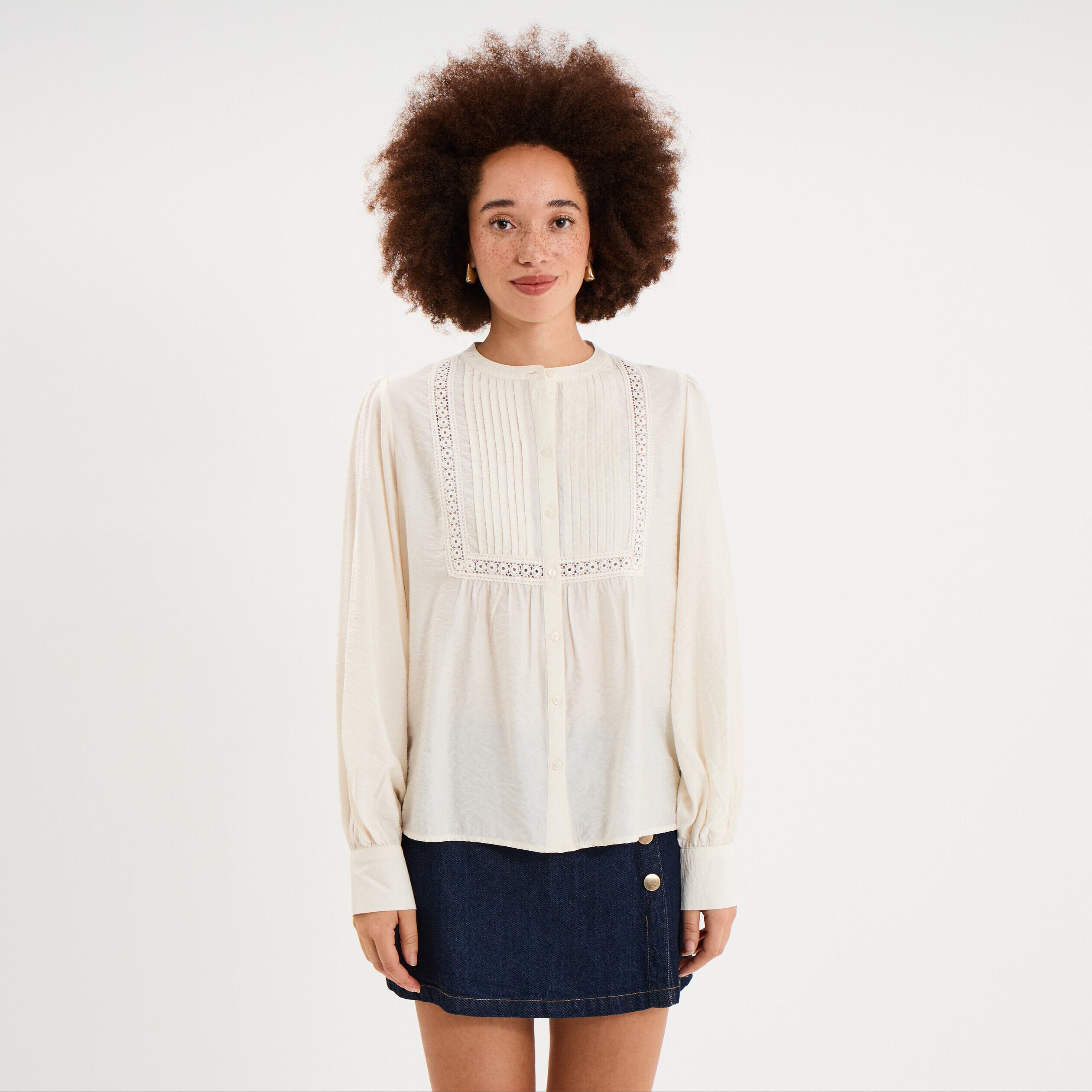 Blouse manches longues galons et fronces ecru femme