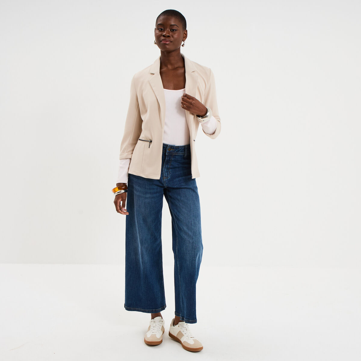 Veste blazer cintr&eacute; manches 3/4 beige femme