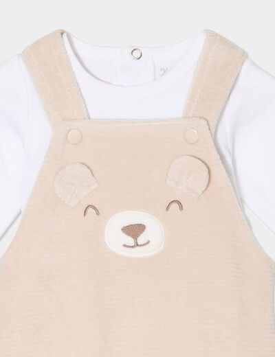 Ensemble t-shirt salopette effet velours beige b&eacute;b&eacute;