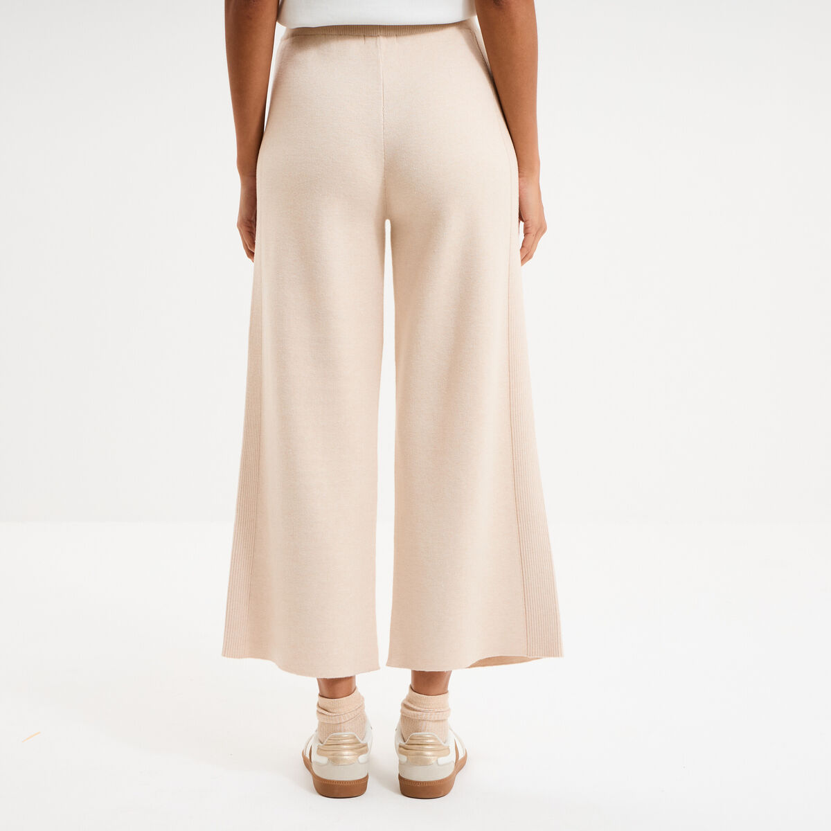 Pantalon tricot taille &eacute;lastiqu&eacute;e beige femme