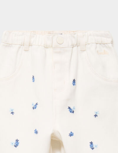 Pantalon brod&eacute; taille ajustable coton creme b&eacute;b&eacute; fille
