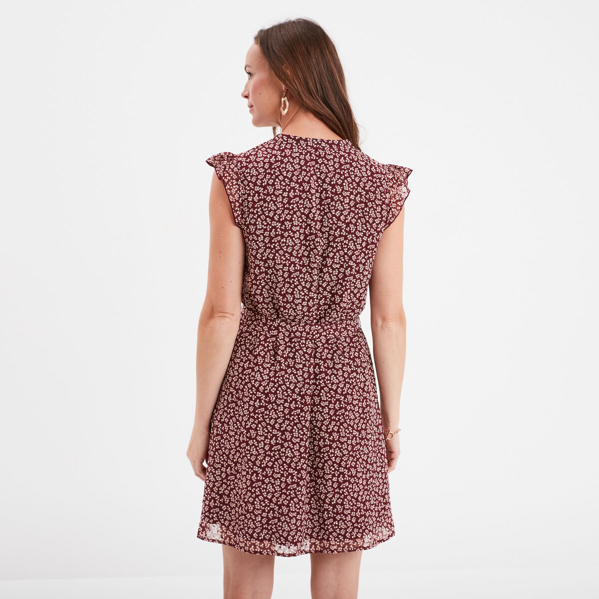 Robe col V plumetis droite ceinturée bordeaux femme