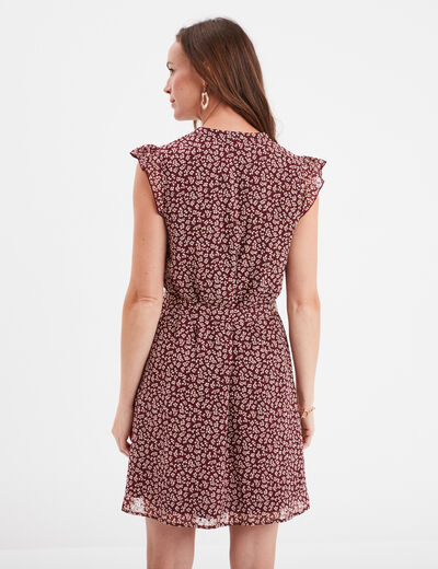 Robe col V plumetis droite ceinturée bordeaux femme