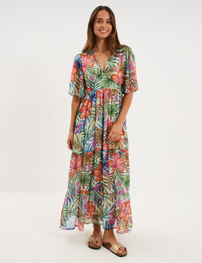 Robe longue bas volants col en V multicolore femme