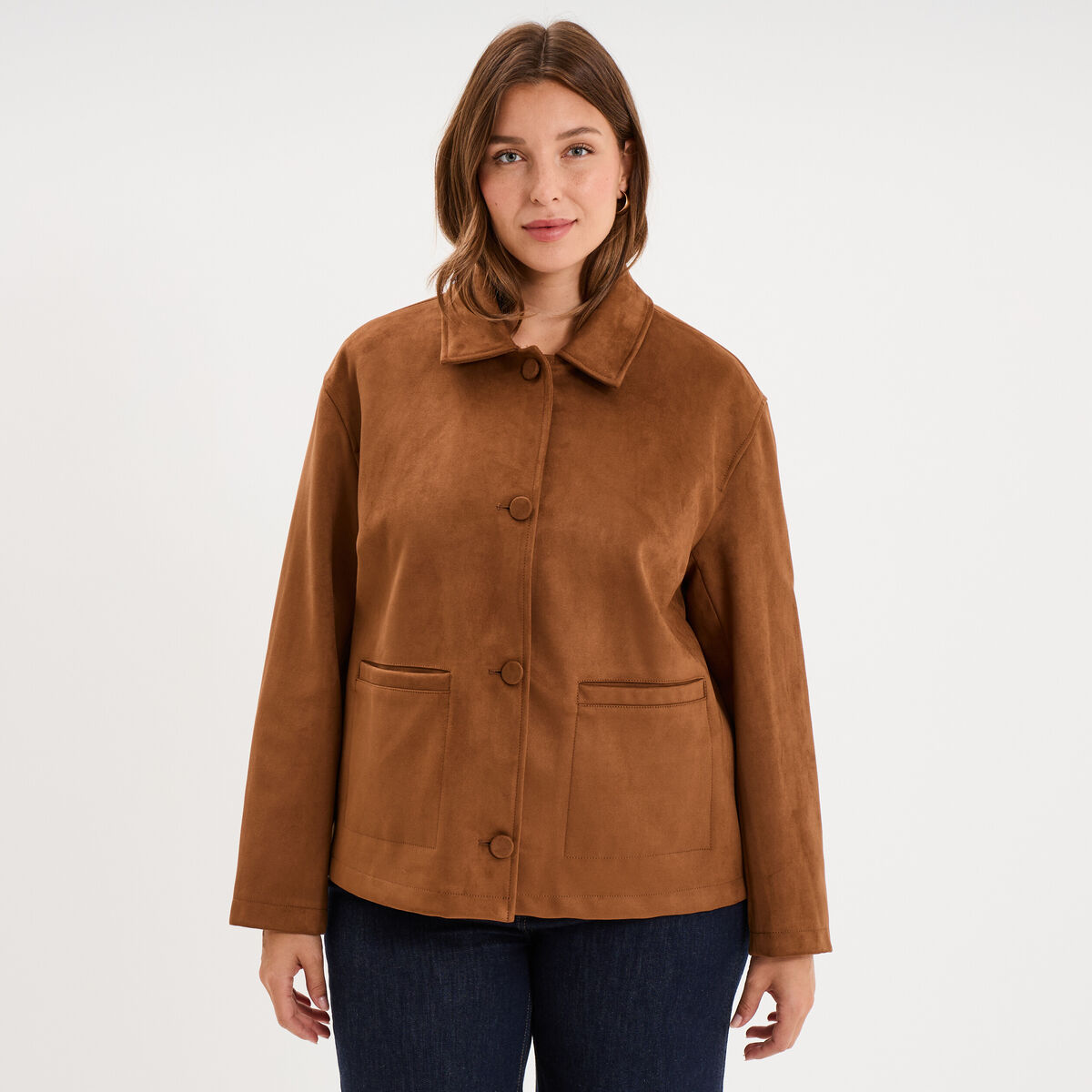 Veste effet su&eacute;dine boutonn&eacute;e marron clair femme grande taille