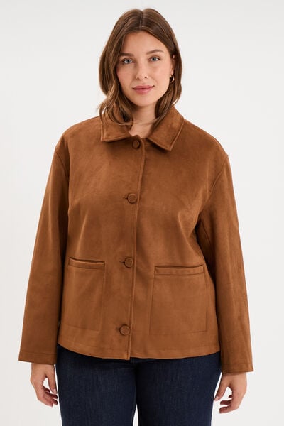 Veste effet su&eacute;dine boutonn&eacute;e marron clair femme grande taille