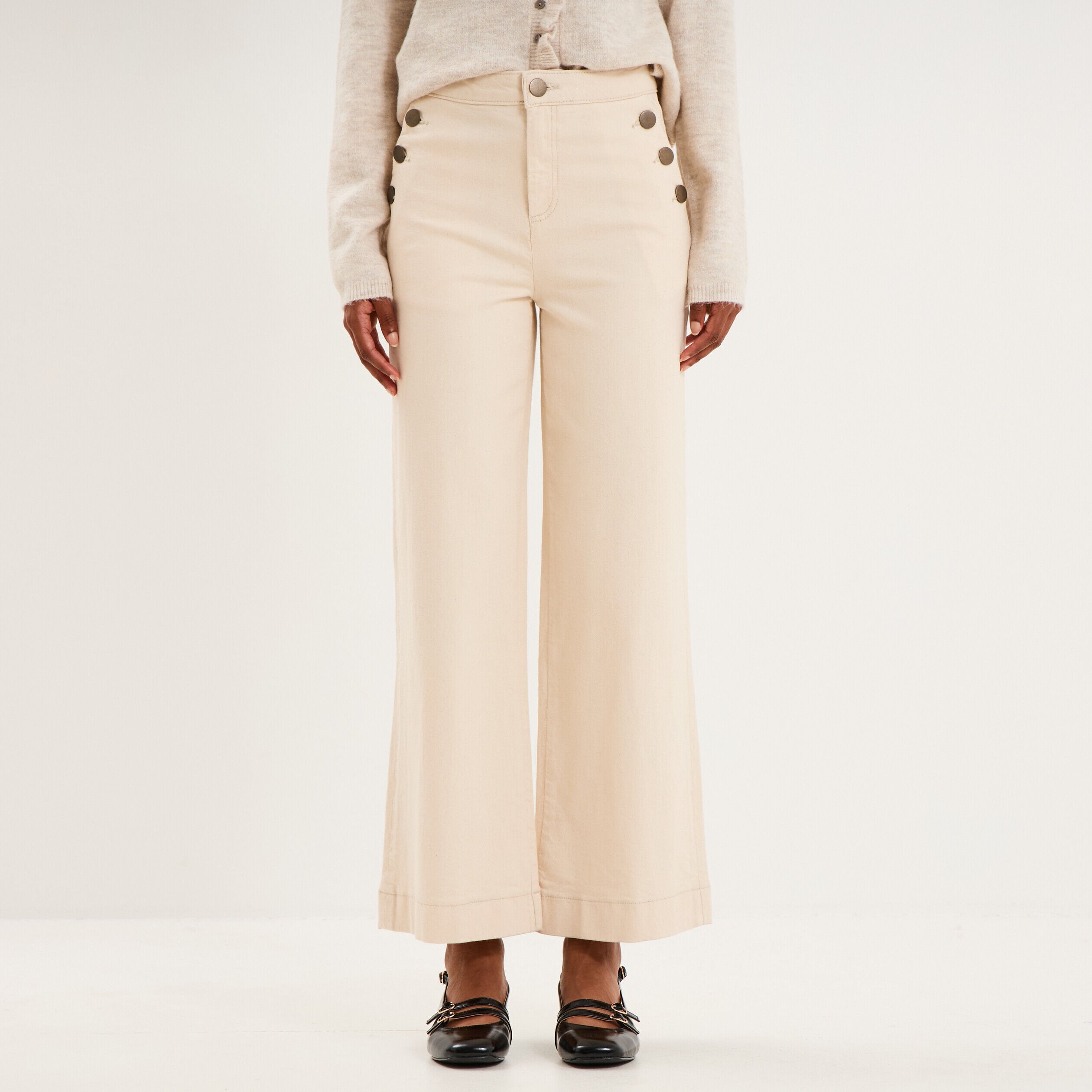 Pantalon wide leg cropped à boutons ivoire femme