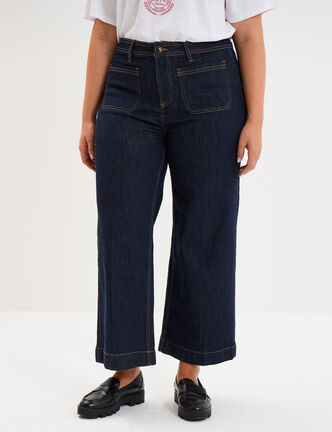 Jean large cropped poches plaqu&eacute;es denim brut femme grande taille