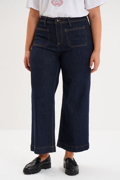 Jean large cropped poches plaqu&eacute;es denim brut femme grande taille