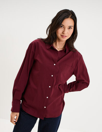 Chemise oversize 1 poche coton violet fonc&eacute; femme