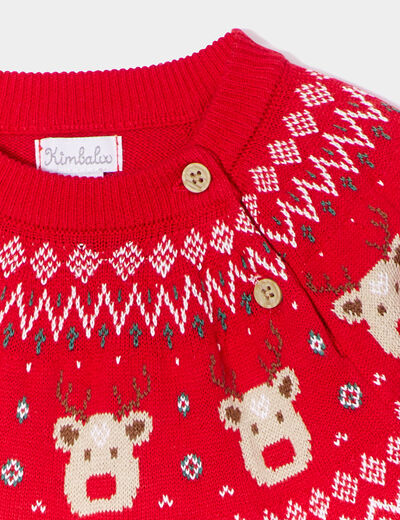 Robe pull de Noël épaule boutonnée coton rouge bébé fille