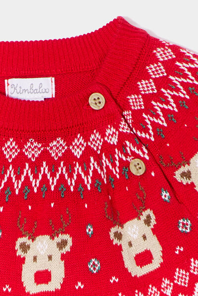 Robe pull de Noël épaule boutonnée coton rouge bébé fille