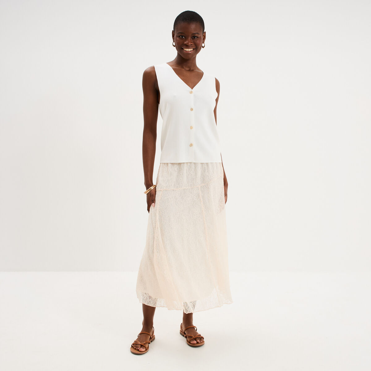 Jupe longue en dentelle ivoire femme