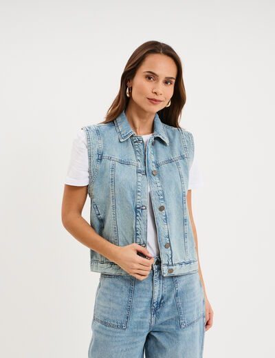 Veste en jean sans manches coton denim bleach femme