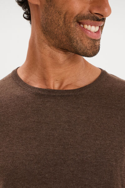 Pull droit col rond coton m&eacute;lang&eacute; marron chocolat homme