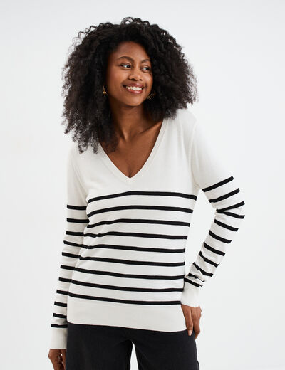 Pull col en V manches longues ecru femme