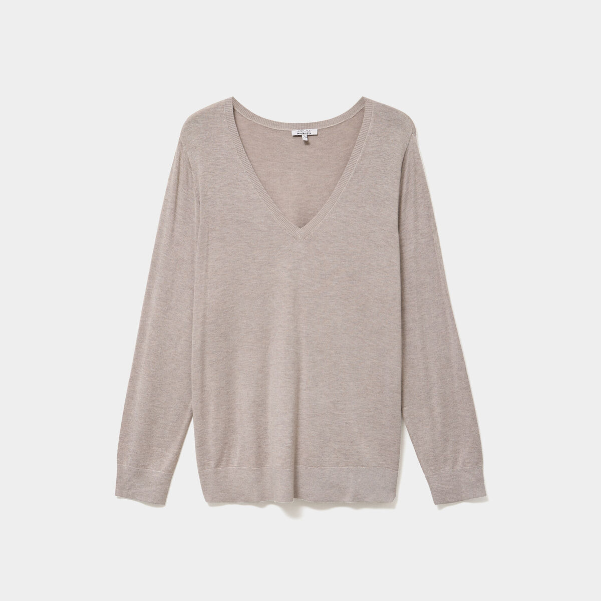 Pull fin col en V manches longues beige femme grande taille