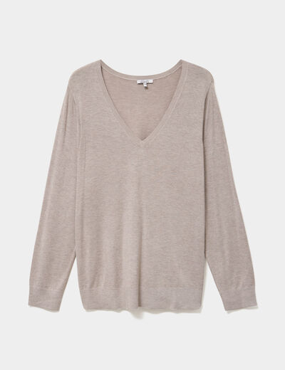 Pull fin col en V manches longues beige femme grande taille