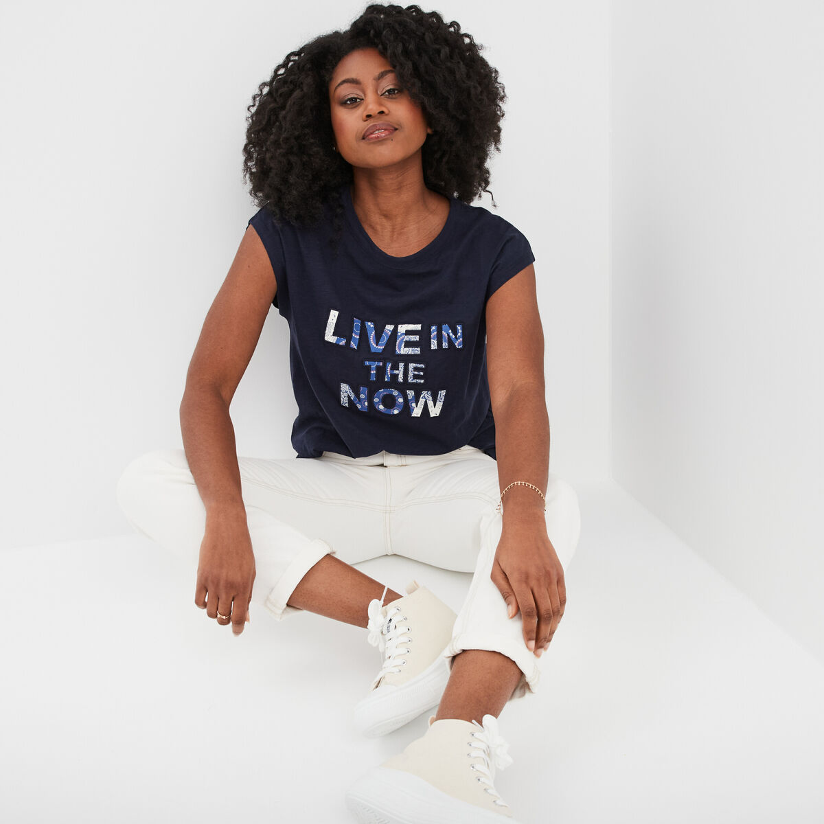 T-shirt col rond manches courtes Creeks bleu marine femme