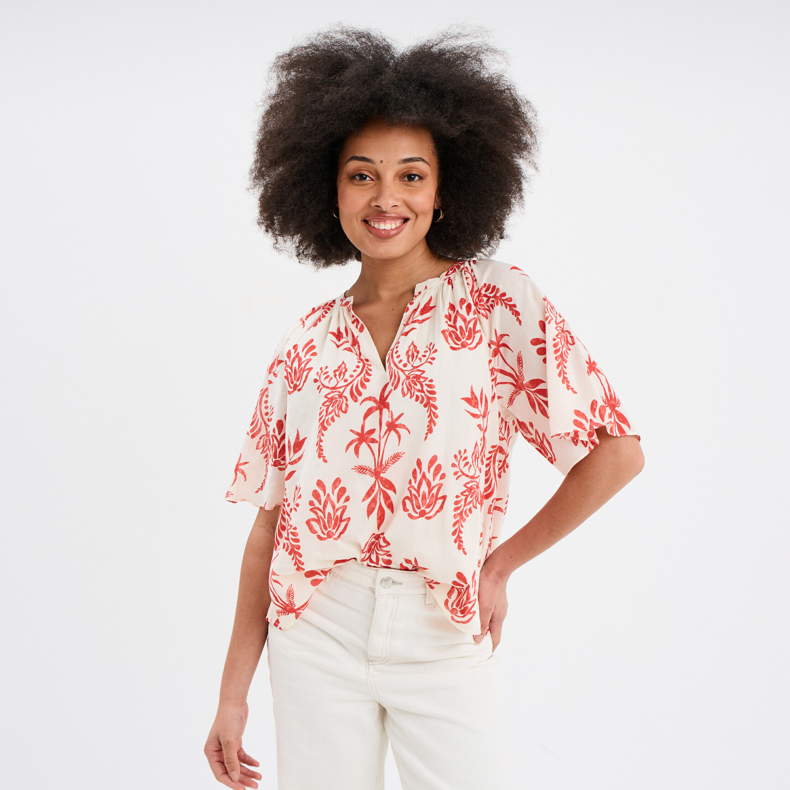 Blouse manches courtes papillons coton ecru femme LH