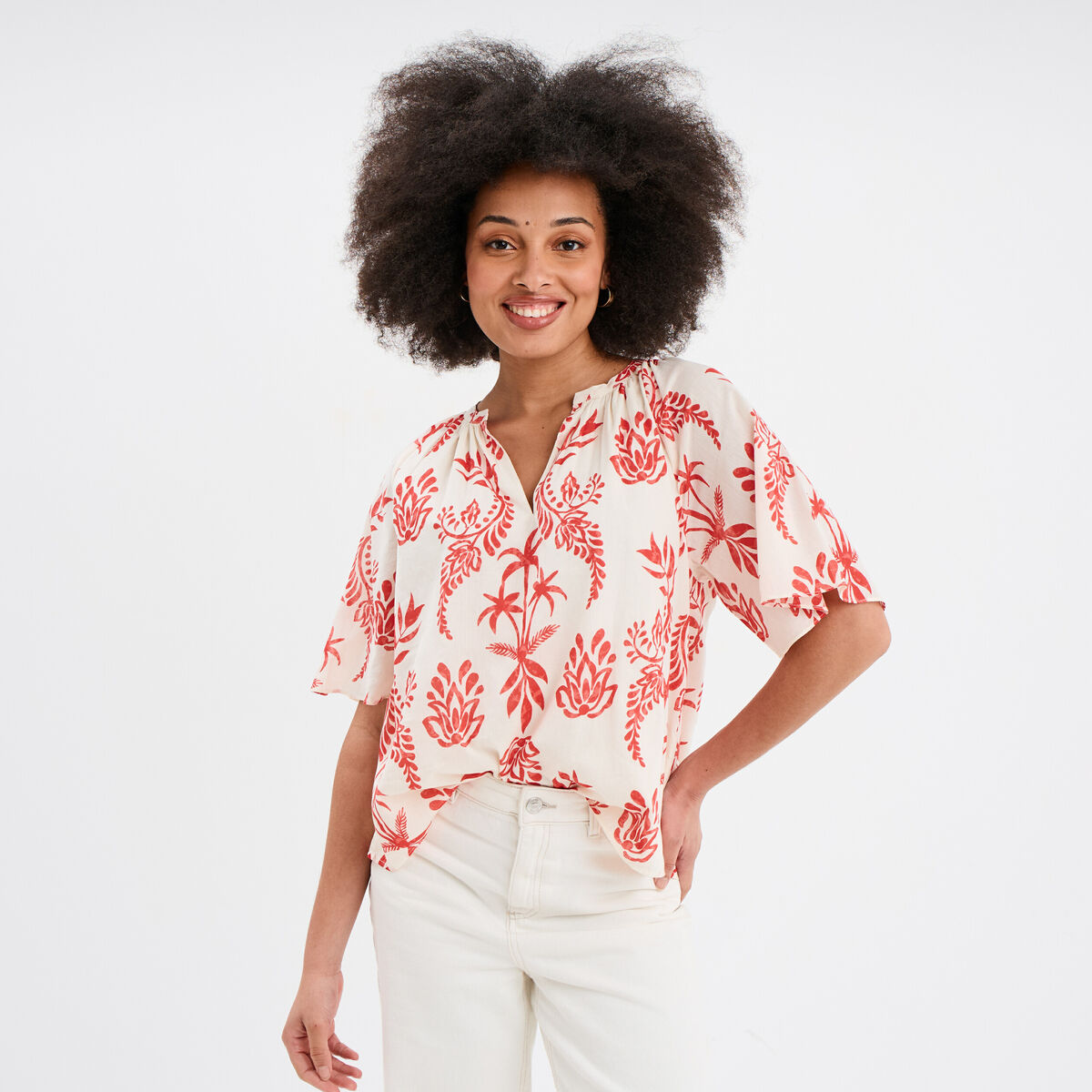 Blouse manches courtes papillons coton ecru femme