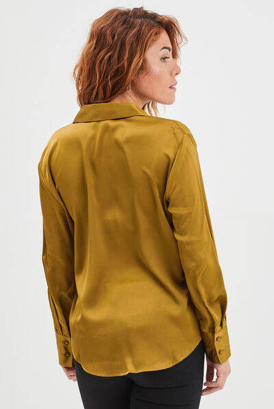 Chemise satin manches longues vert olive femme