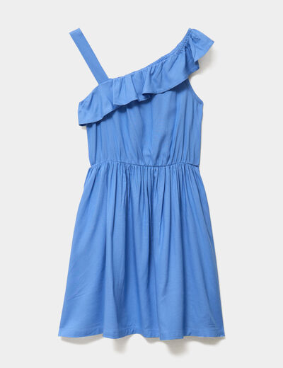 Robe encolure asym&eacute;trique &agrave; volants bleu electrique fille