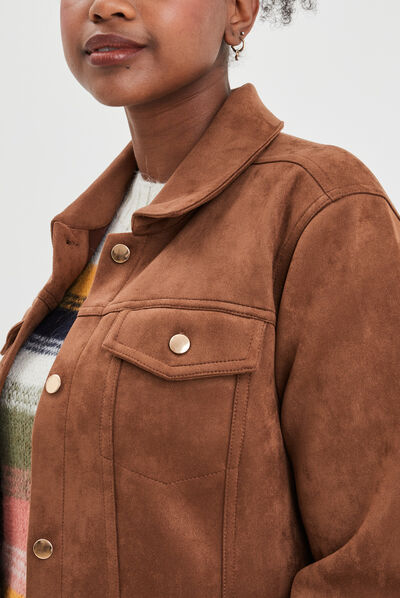 Veste suédine ajustée boutonnée marron foncé femme