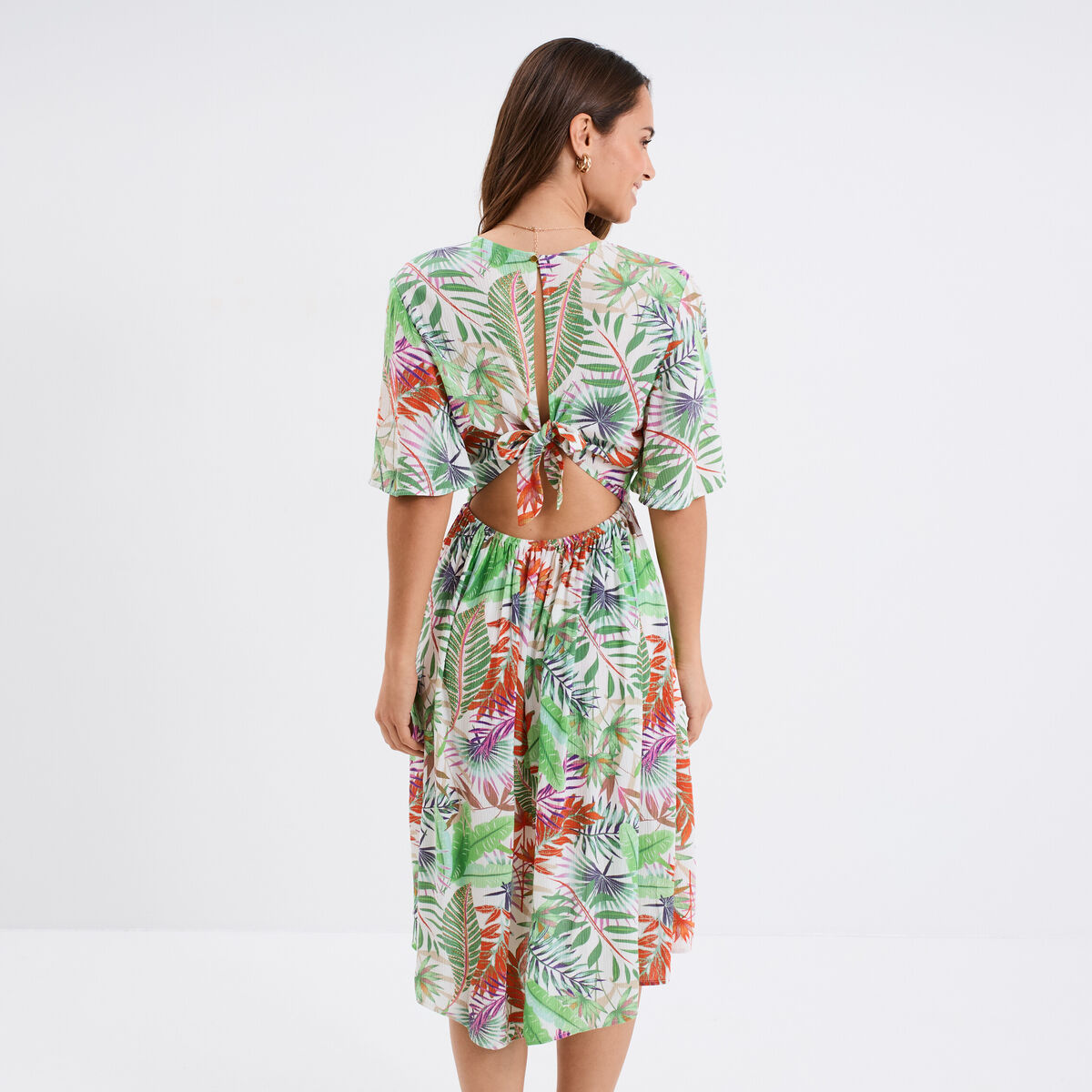 Robe asymétrique midi manches courtes blanc femme