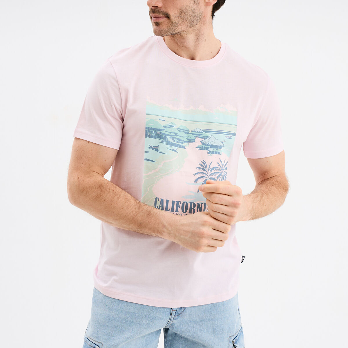 T-shirt col rond manches courtes coton rose clair homme