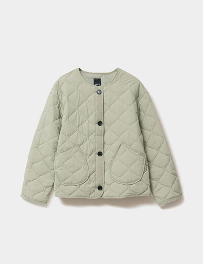 Veste matelass&eacute;e boutonn&eacute;e col rond vert kaki femme