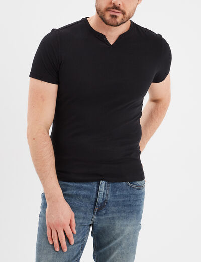 T-shirt manches courtes col tunisien noir homme
