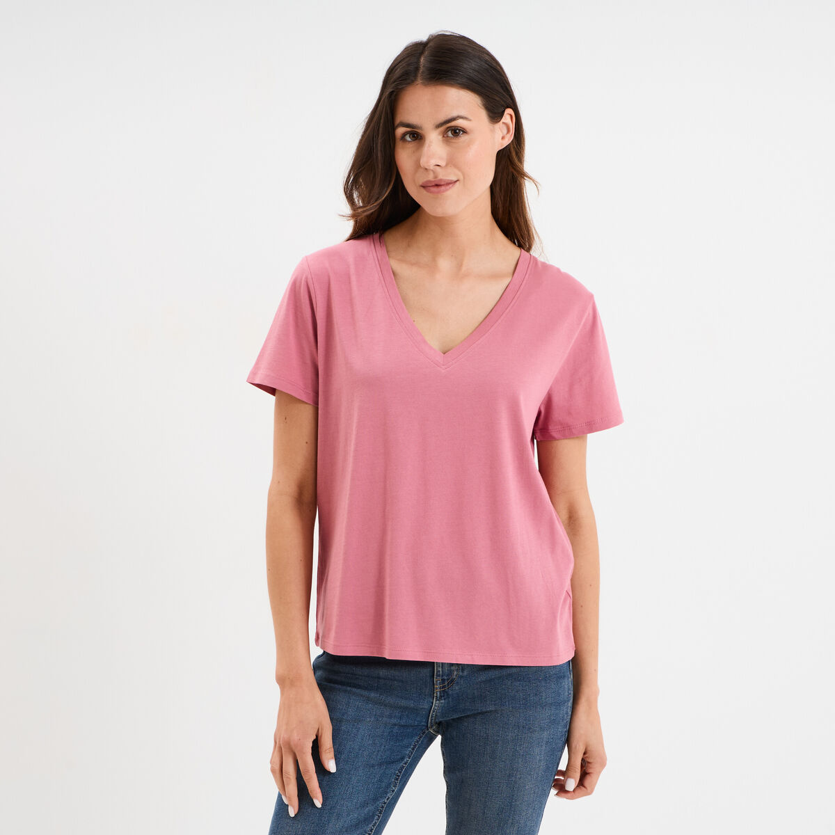 T-shirt manches courtes col en V coton vieux rose femme