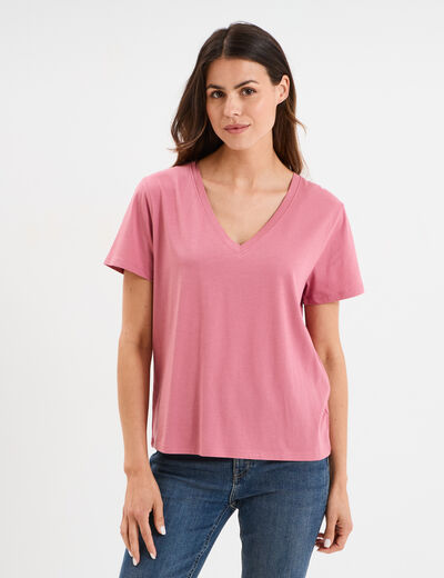 T-shirt manches courtes col en V coton vieux rose femme