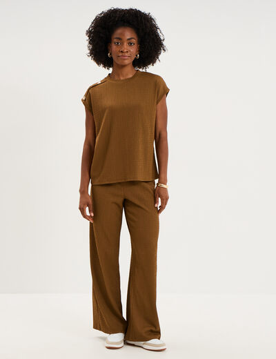 T-shirt gaufr&eacute; col rond avec boutons beige femme