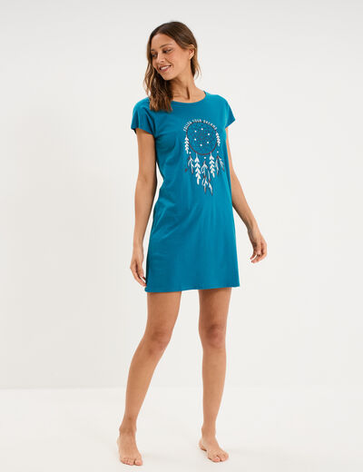 Chemise de nuit courte col rond bleu canard femme