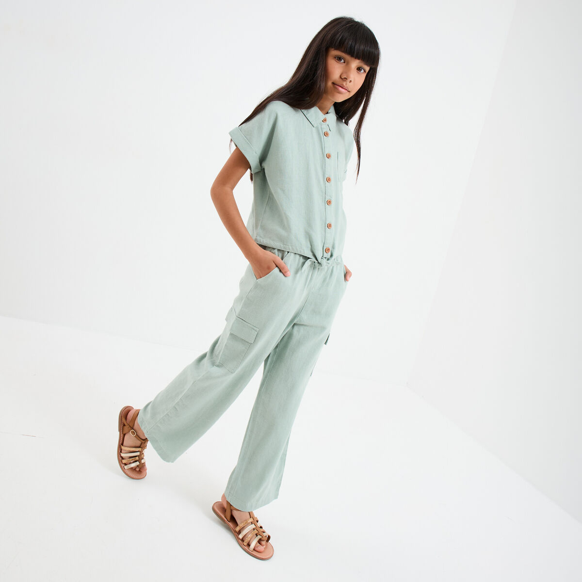 Pantalon large lin m&eacute;lang&eacute; ceintur&eacute; vert pastel fille