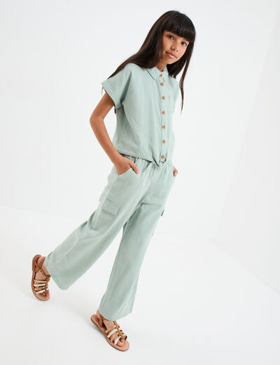 Pantalon large lin m&eacute;lang&eacute; ceintur&eacute; vert pastel fille
