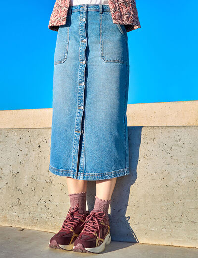 Jupe longue en jean droite boutonn&eacute;e denim stone femme