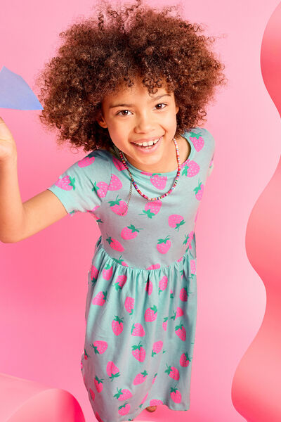 Robe courte &eacute;vas&eacute;e manches courtes coton bleu turquoise fille