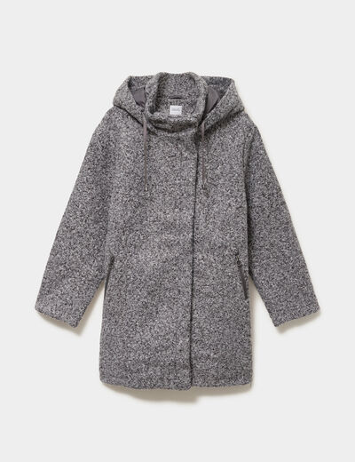 Manteau aspect bouclette &agrave; capuche gris femme grande taille