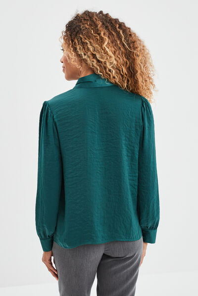 Blouse satin col lavallière droite vert foncé femme